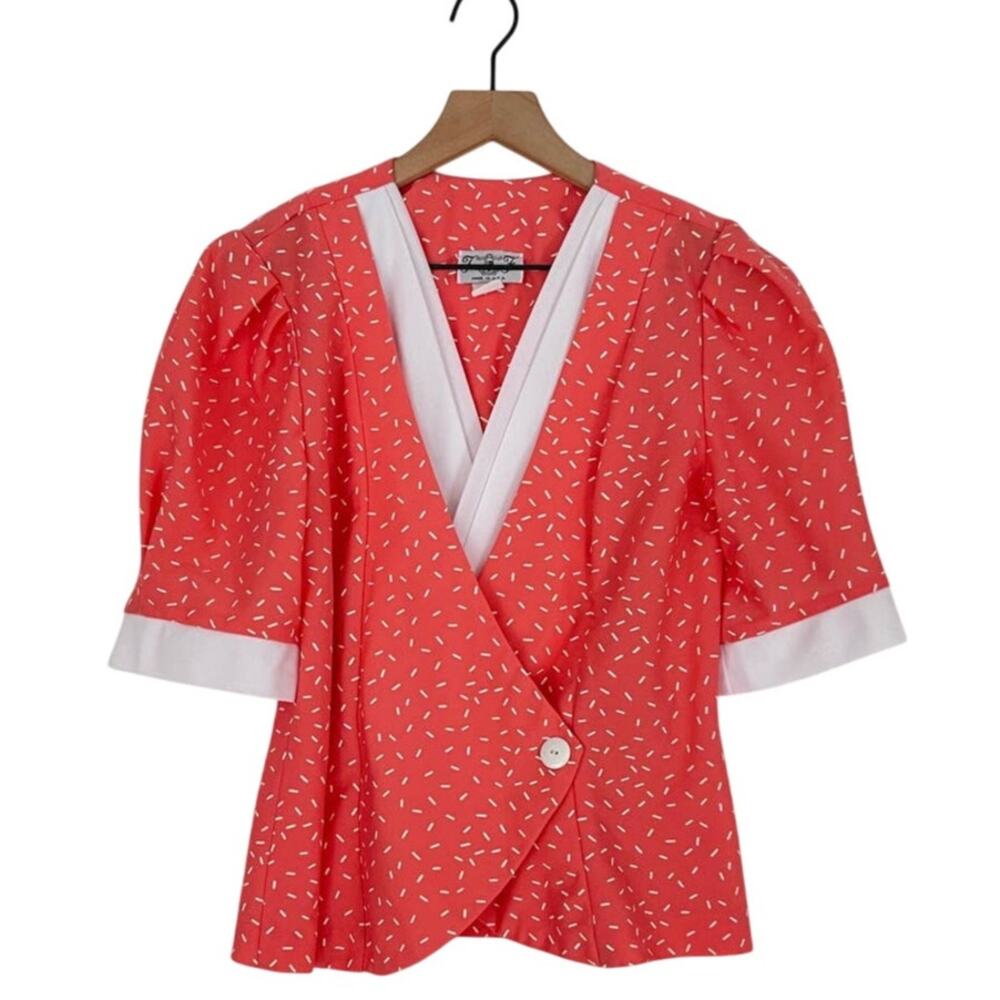 Vintage 80s Party Blouse V-Neck Wrap Pink Confetti Size Small Retro Funky Pinup‎